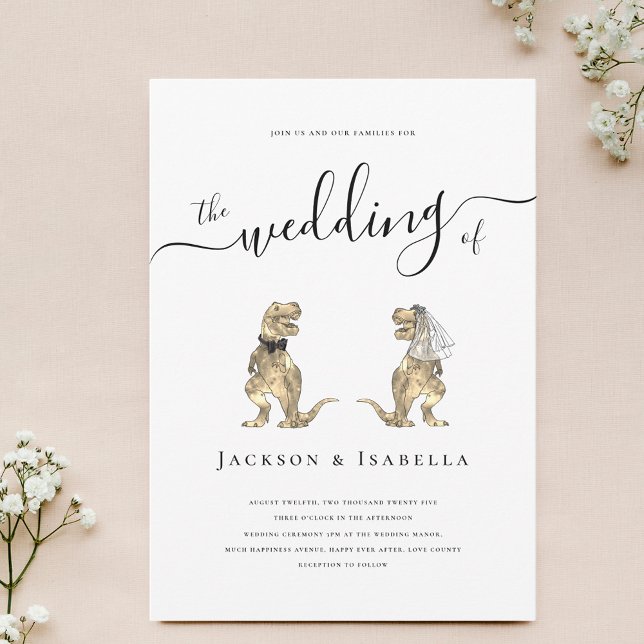 Dinosaur Wedding T-Rex Bride and Groom Invitation (Fun Dinosaur theme wedding invitation T-Rex bride and groom elegant modern script minimalist design)