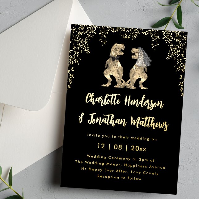 Dinosaur Wedding T-Rex Bride & Groom Black & Gold  (Funny Dinosaur T-Rex bride and groom black and gold foil wedding invitation )