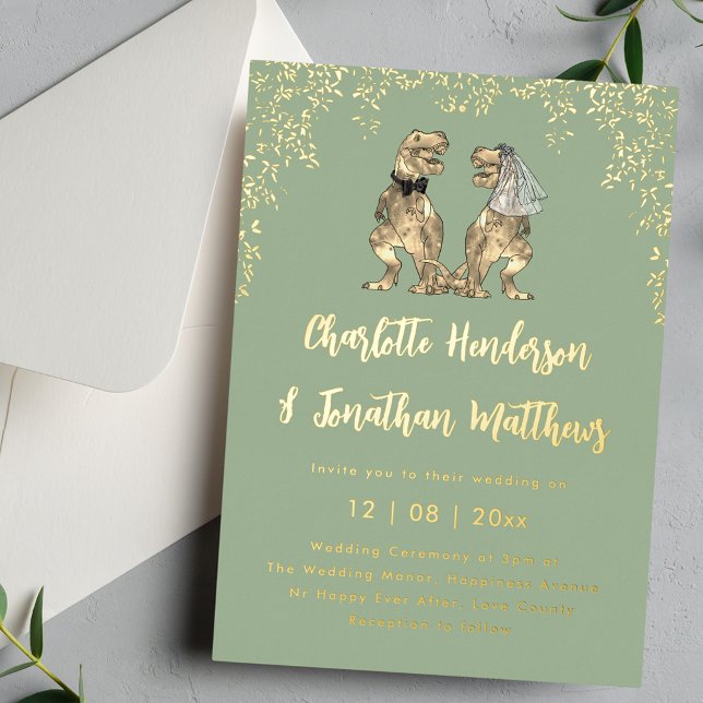 Dinosaur Wedding T-Rex Bride & Sage Green & Gold  (Funny Dinosaur T-Rex bride and groom sage green and gold foil wedding invitation )