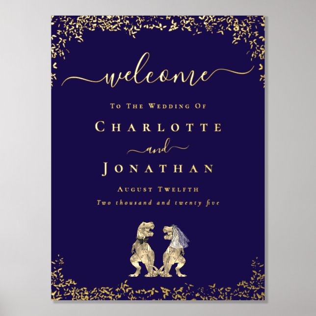 Dinosaur Wedding Welcome Navy Blue Gold Foil Prints (Front)