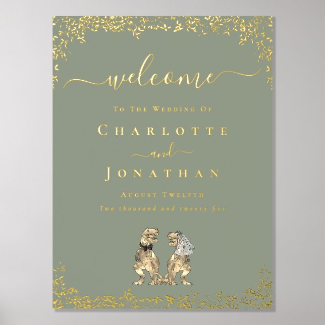 Dinosaur Wedding Welcome Sage Green Gold Foil Prints (Front)