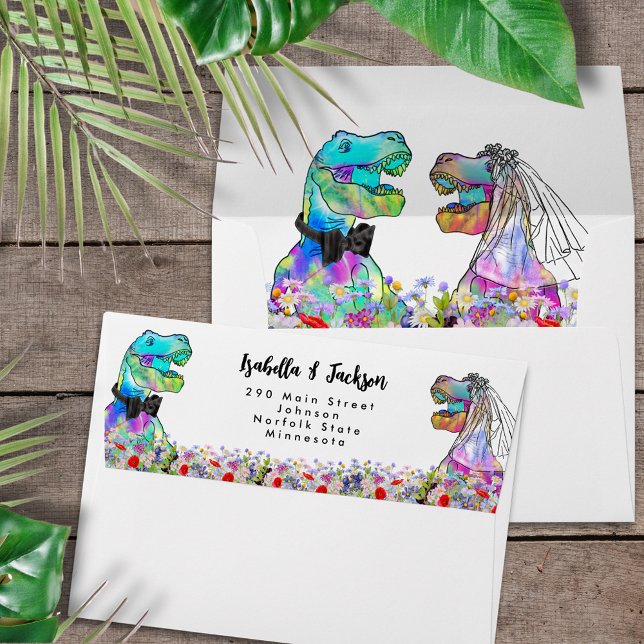 Dinosaur Wedding Wildflower Return Address Envelope (Dinosaur wedding return address label with fun T-Rex bride and groom prehistoric wildflower meadow)