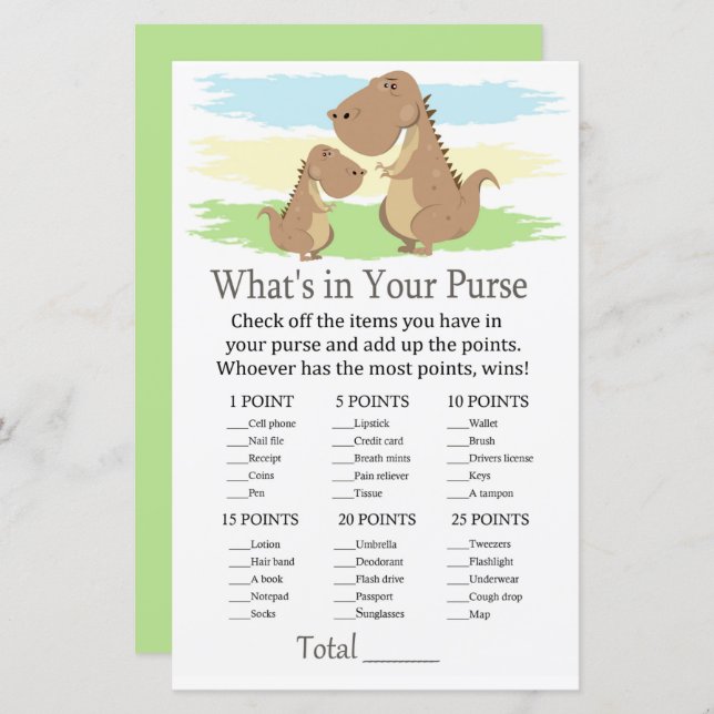 Dinosaur What's in your purse game baby shower (Front/Back)