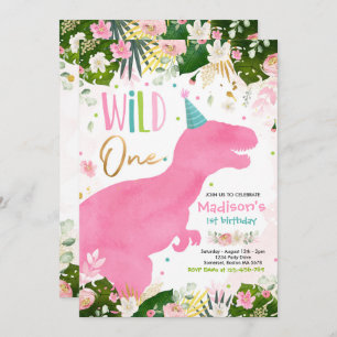 Dinosaur Wild One Birthday Pink Dinosaur Birthday Invitation