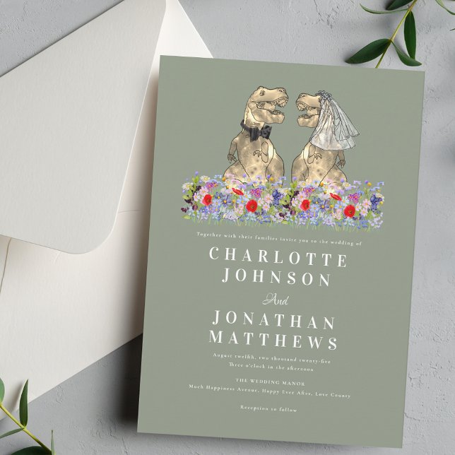 Dinosaur Wildflower Boho Sage Green Wedding Invitation (Elegant Wildflower meadow boho rustic Dinosaur bride & groom sage green and white wedding invitation)