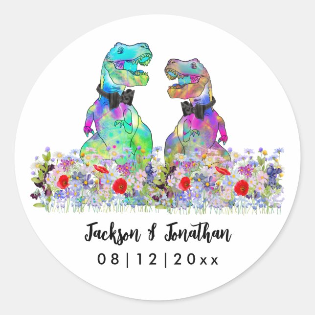 Dinosaur Wildflower Gay Wedding Classic Round Sticker (Front)