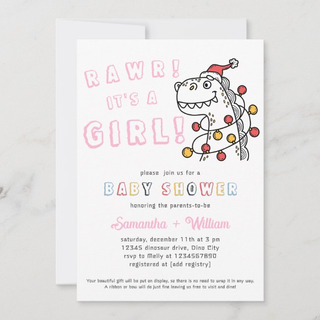 Dinosaur Winter Christmas Coed Girl Baby Shower Invitation (Front)