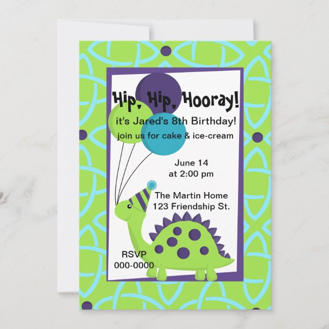Dinosaur with Balloons and a Party Har Invitation (Front)