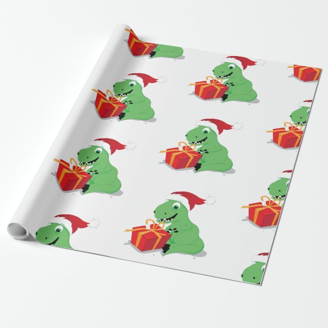 Dinosaur with Christmas Gift Wrapping Paper (Unrolled)