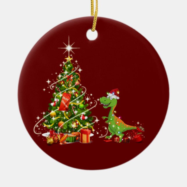 Dinosaur With Hat Scaft Christmas Ceramic Tree Decoration (Front)