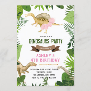 Dinosaur with tutu party invitation