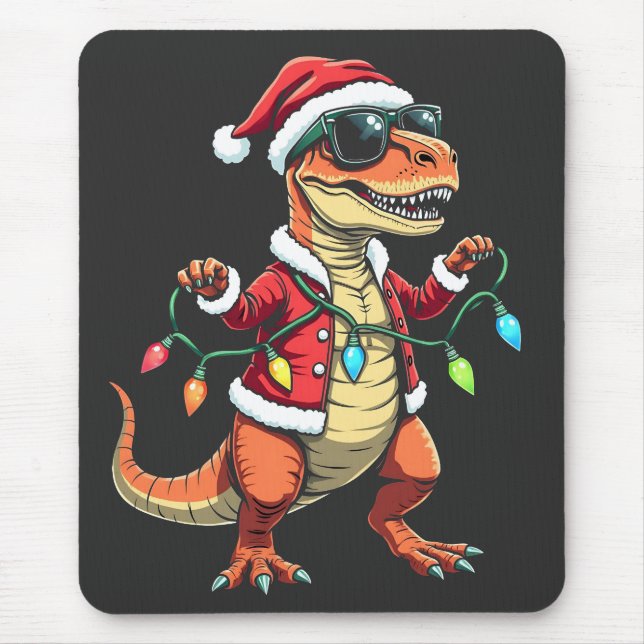 Dinosaur Wrapped with Christmas Lights Santa Hat  Mouse Pad (Front)