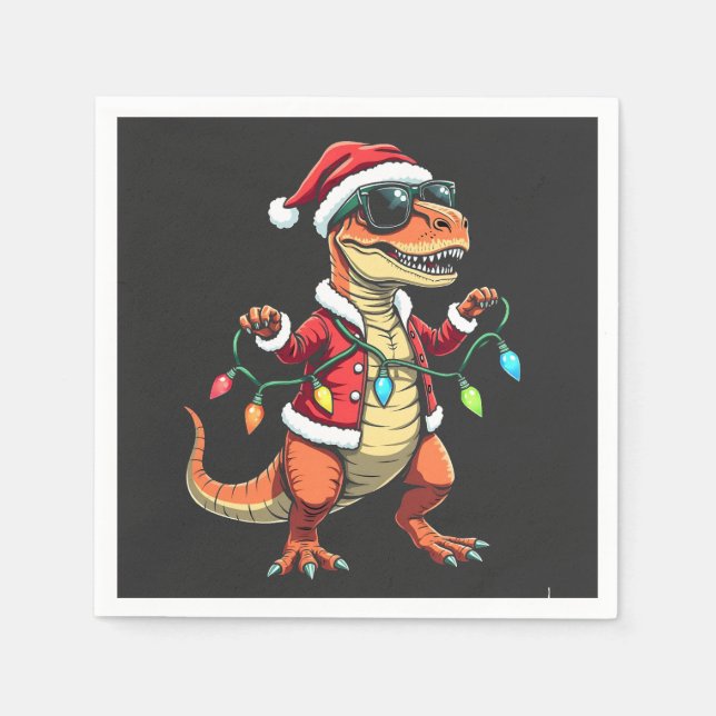 Dinosaur Wrapped with Christmas Lights Santa Hat  Napkin (Front)