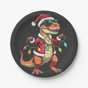 Dinosaur Wrapped with Christmas Lights Santa Hat Paper Plate