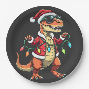 Dinosaur Wrapped with Christmas Lights Santa Hat Paper Plate
