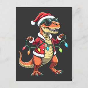 Dinosaur Wrapped with Christmas Lights Santa Hat Postcard