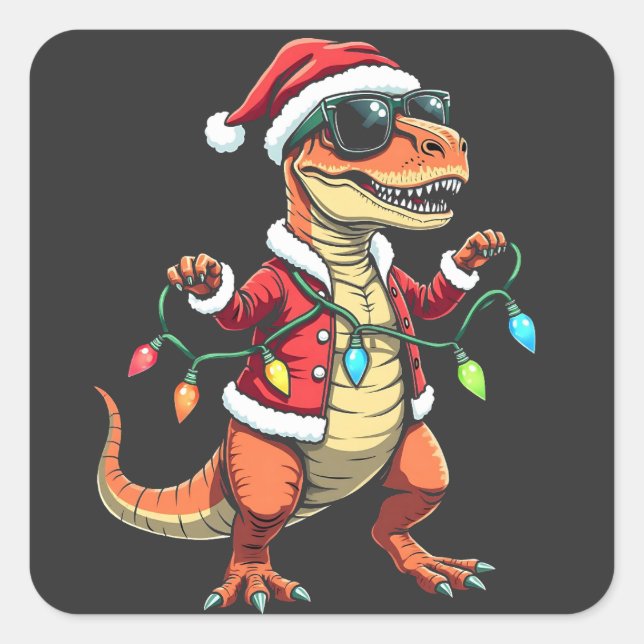 Dinosaur Wrapped with Christmas Lights Santa Hat  Square Sticker (Front)