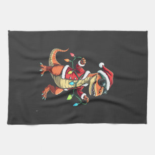 Dinosaur Wrapped with Christmas Lights Santa Hat Tea Towel