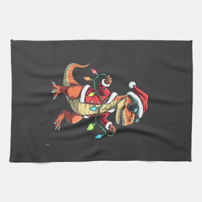 Dinosaur Wrapped with Christmas Lights Santa Hat  Tea Towel (Horizontal)