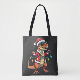 Dinosaur Wrapped with Christmas Lights Santa Hat Tote Bag