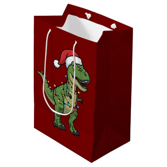 Dinosaur Xmas Lights Holiday Spirit Festive Dino Medium Gift Bag (Front Angled)