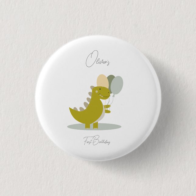 Dinosaur Yellow Green Grey First Birthday 3 Cm Round Badge (Front)