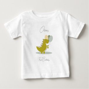 Dinosaur Yellow Green Grey First Birthday Baby T-Shirt