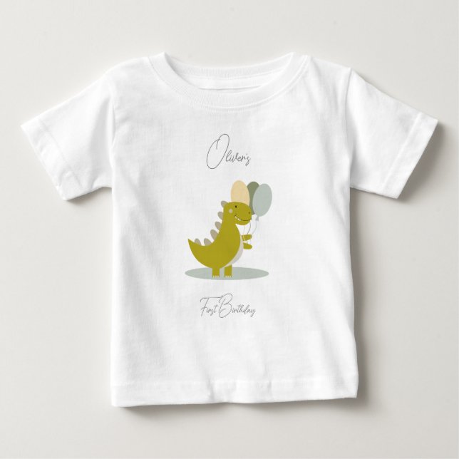 Dinosaur Yellow Green Grey First Birthday Baby T-Shirt (Front)