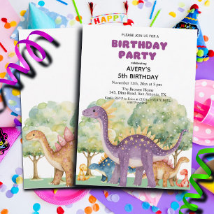 Dinosaurs and Trees Colourful 5th Birthday Party Invitation