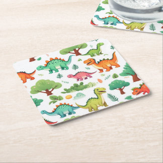 Dinosaurs and trees pattern white square paper coaster