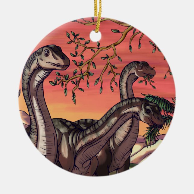 Dinosaurs at Dusk Ceramic Tree Decoration (Front)
