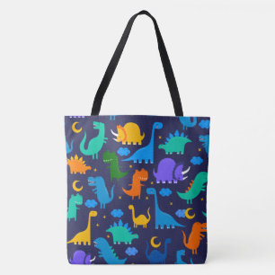 Dinosaurs At Night Blue Orange Green Pattern Tote Bag