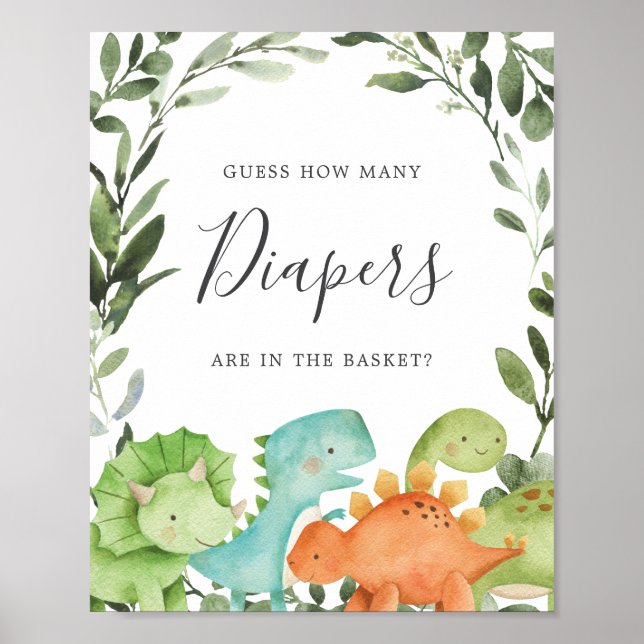 Dinosaurs Baby Shower Guess How Many Diapers Sign (Front)