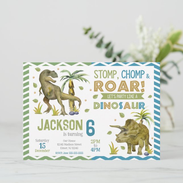 Dinosaurs Birthday Invitation | T-rex | Triceratop (Standing Front)