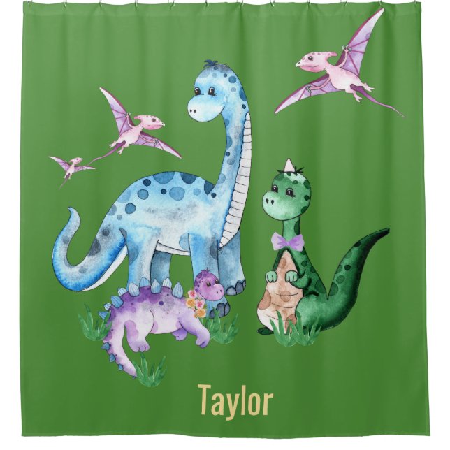 Dinosaurs Blue Purple Green Kids Name Custom Shower Curtain (Front)