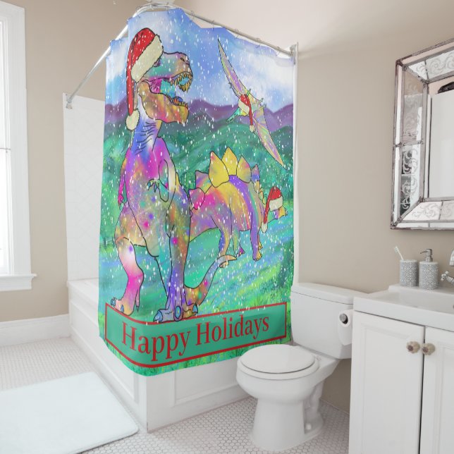 Dinosaurs christmas T rex Santa funny snow scene Shower Curtain (In Situ)