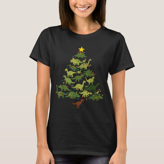 Dinosaurs Christmas Tree Merry Dinomas Funny Famil T-Shirt (Front)