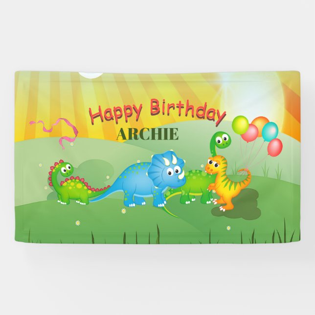 Dinosaurs Colourful Balloons Kids Green Birthday Banner (Horizontal)