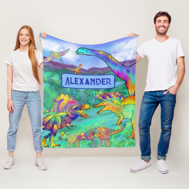 Dinosaurs colourful Personalised blue Fleece Blanket (In Situ)