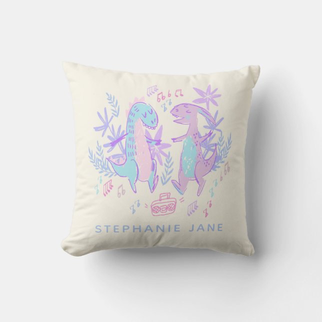 Dinosaurs Dancing Pastel Purple Blue Personalised Cushion (Front)