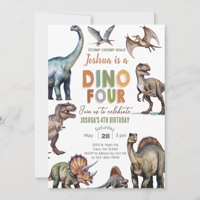 Dinosaurs Dino-Four boy 4th birthday invite. Invitation (Front)
