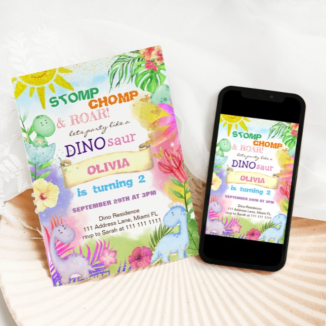 Dinosaurs Floral Glitter Girl 2nd Birthday  Invitation (Creator Uploaded)