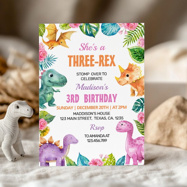 Dinosaurs Girl Three-rex Birthday Party Invitation (Creator Uploaded)