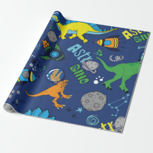 Dinosaurs in space hand drawn color vintage seamle wrapping paper