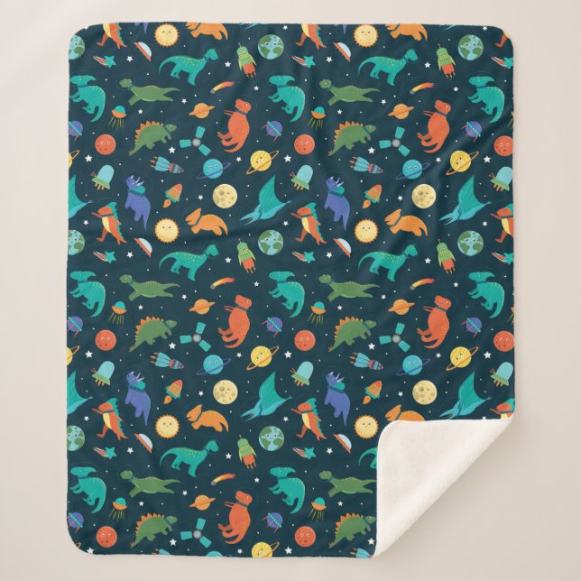 Dinosaurs In Space Planets Rocket Ships Sherpa Blanket (Front)