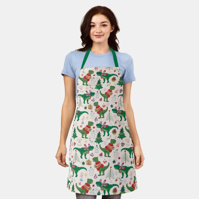 Dinosaurs in Sweaters Christmas Pattern Apron (Worn)