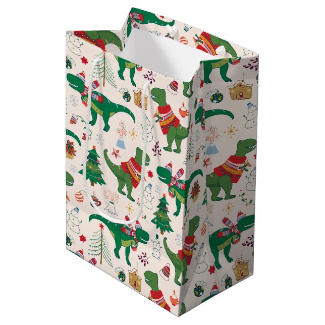 Dinosaurs in Sweaters Christmas Pattern Medium Gift Bag (Front Angled)