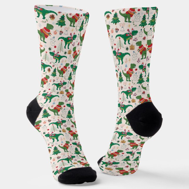 Dinosaurs in Sweaters Christmas Pattern Socks (Angled)