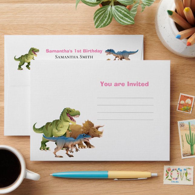 Dinosaurs Jurassic Party You are Invited Pink Envelope (Desk)