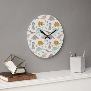 Dinosaurs Kids Hand Drawn Boho Dinosaur Bedroom Large Clock